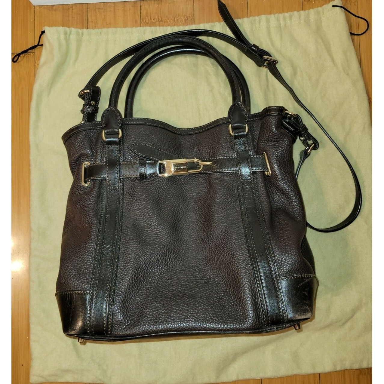 Burberry Dark Brown Grainy Leather Gold Hardware Shoulder Hand Bag